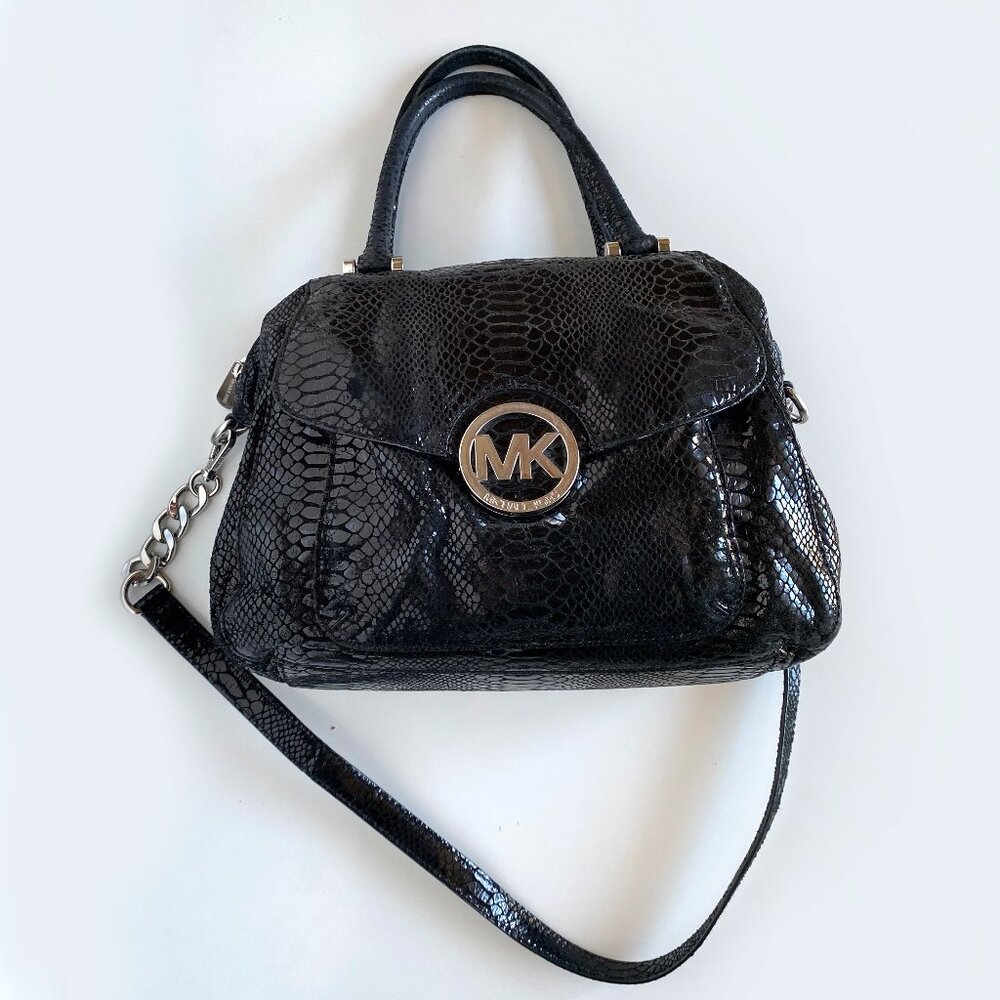 Michael Kors Black Leather Python Embossed Fulton… - image 1